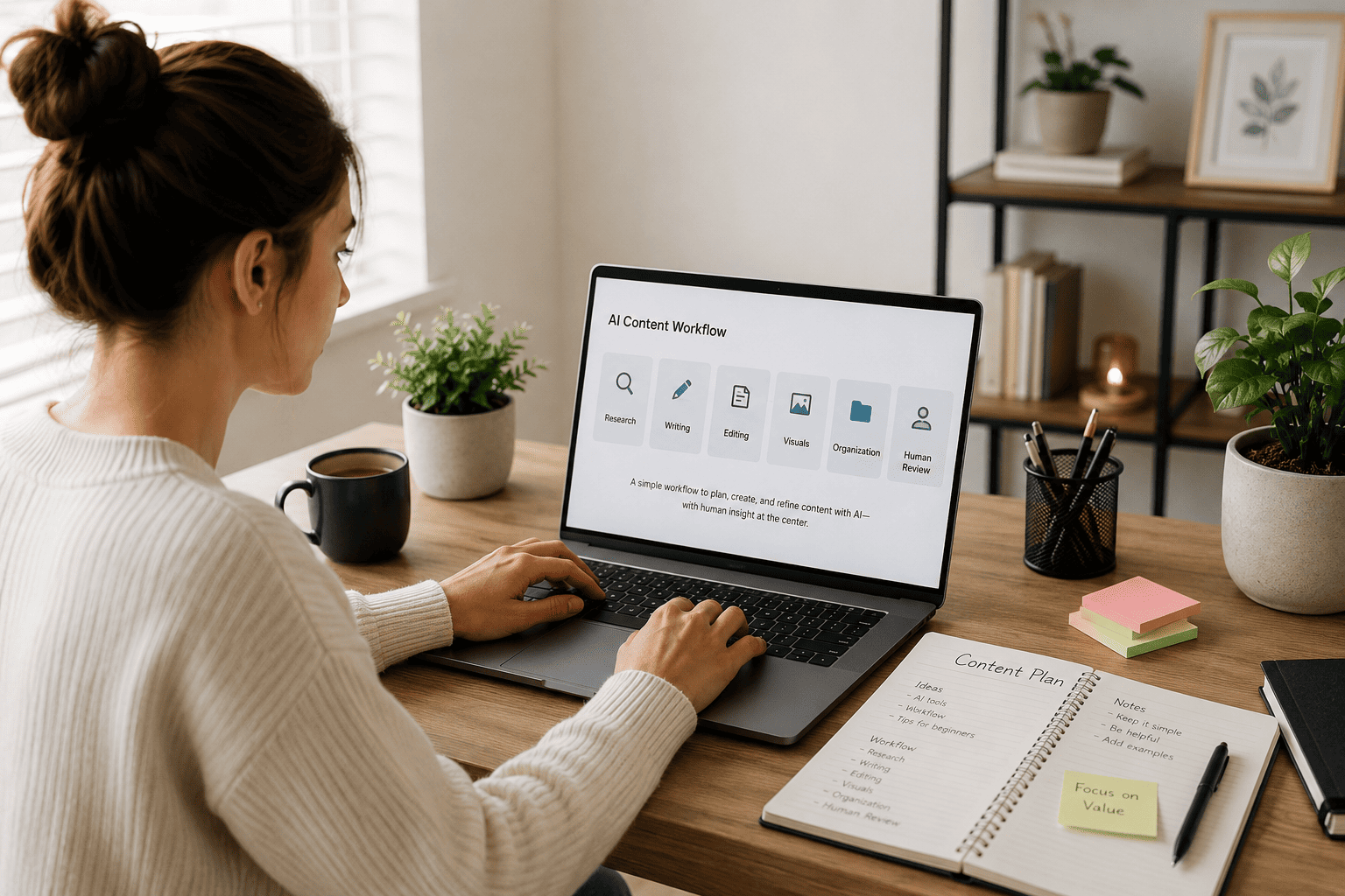 Woman using AI content tools for beginners to build a simple content workflow on a laptop