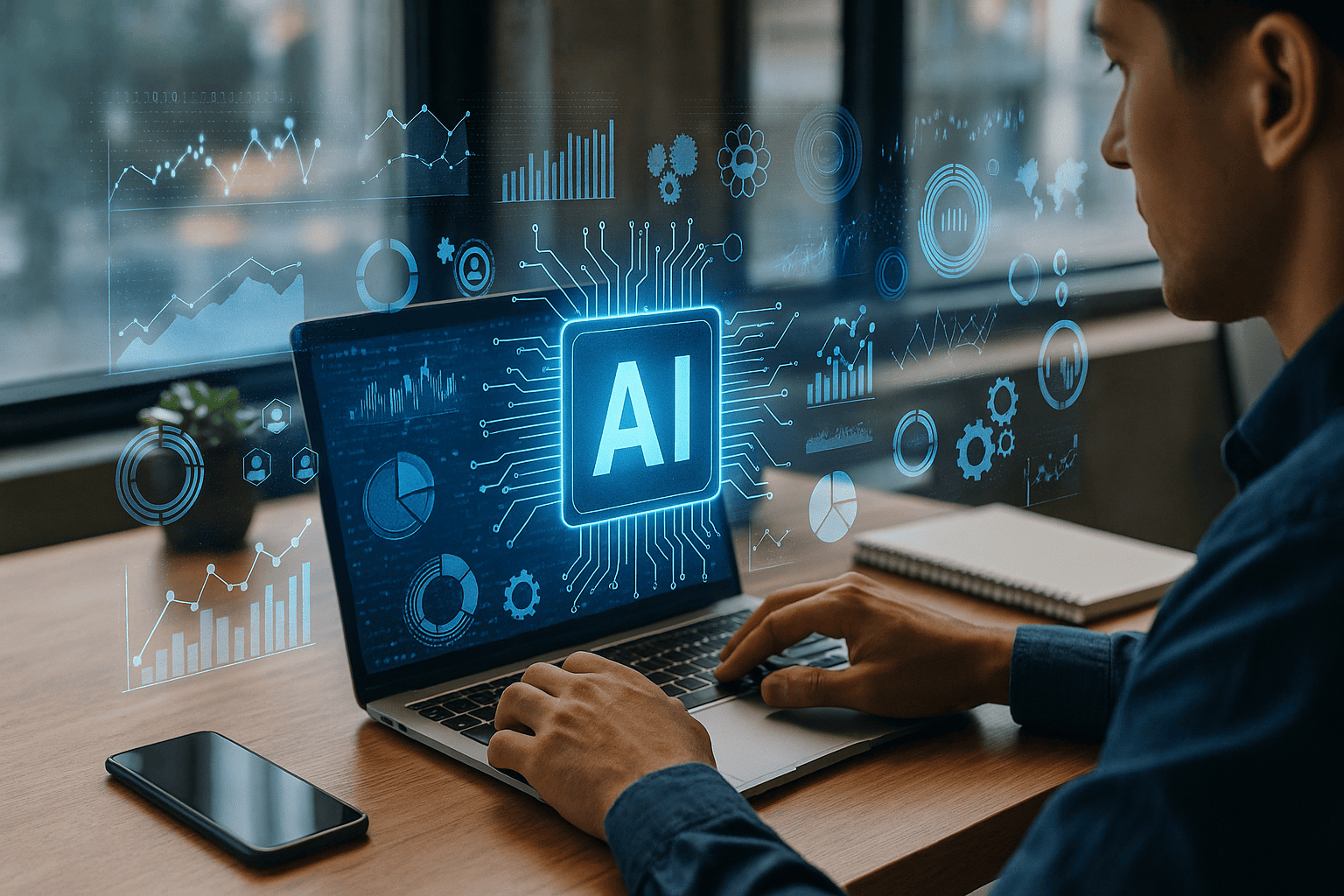 A realistic high-resolution photo illustrating AI Trends and Innovations 2025, showing a professional using a laptop surrounded by digital holographic data interfaces symbolizing human–AI collaboration in a modern workspace.