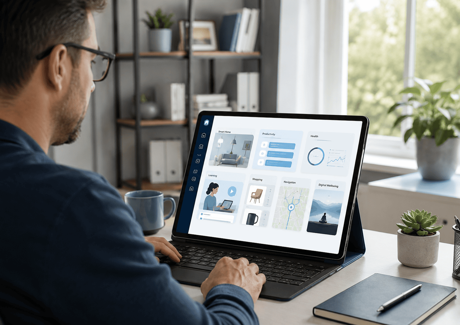 Modern home office showing AI in Everyday Life through smart home, productivity, health, learning, shopping, navigation, and digital wellbeing tools