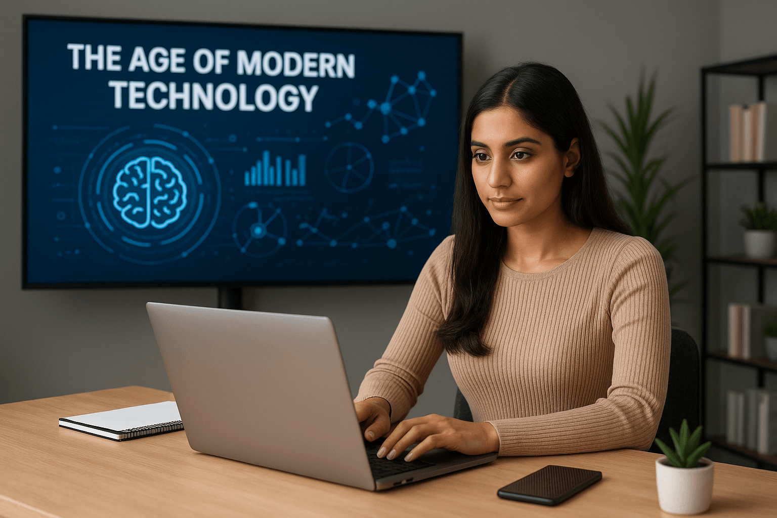 A realistic photo of a young professional using artificial intelligence tools on a laptop, with holographic data and futuristic digital graphics surrounding them, symbolizing AI-powered online business and innovation.