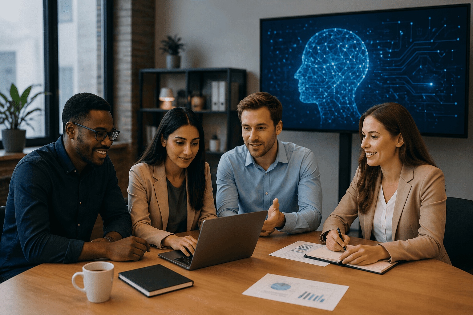 A professional team collaborating in a modern office with an AI-themed digital interface in the background, representing the Future of Artificial Intelligence and human-centered innovation.