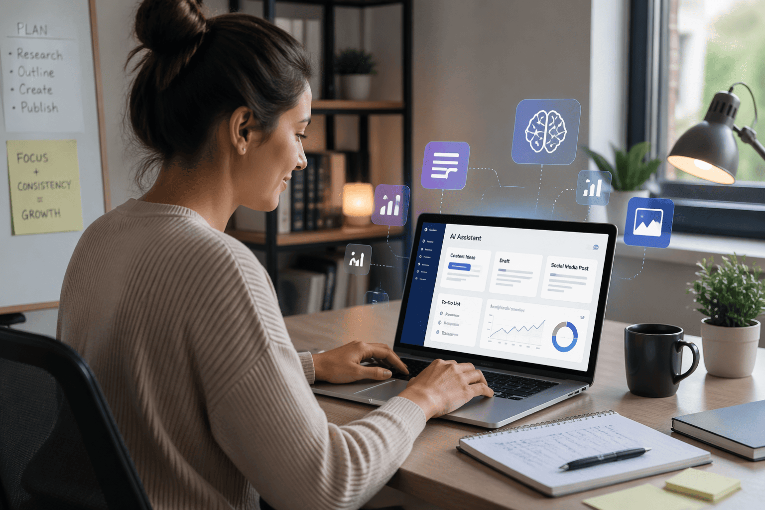 Young professional woman working on a laptop with AI dashboard elements, representing how to use AI for online work in a modern home office.