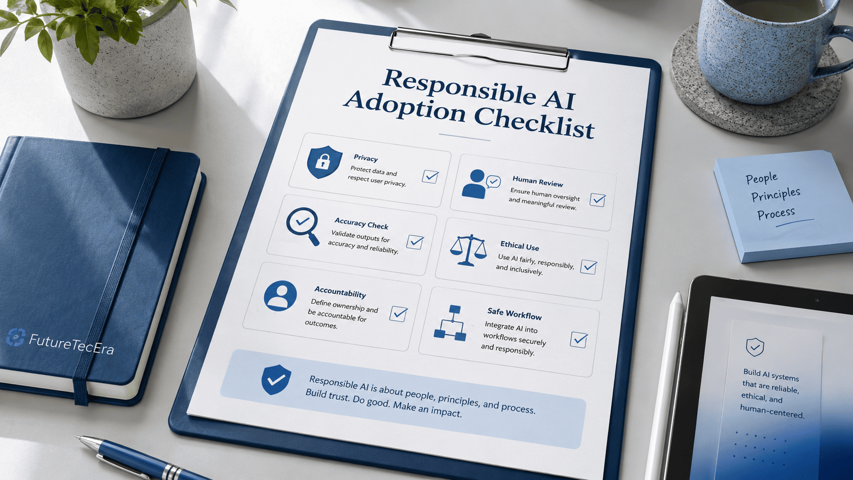 Responsible AI Adoption checklist showing privacy, human review, accuracy checks, ethical use, accountability, and safe workflow principles