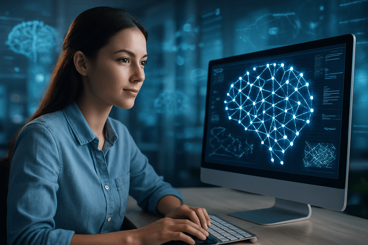 Young woman working with neural network models on a computer in 2025, surrounded by AI-inspired graphics and digital brain patterns.