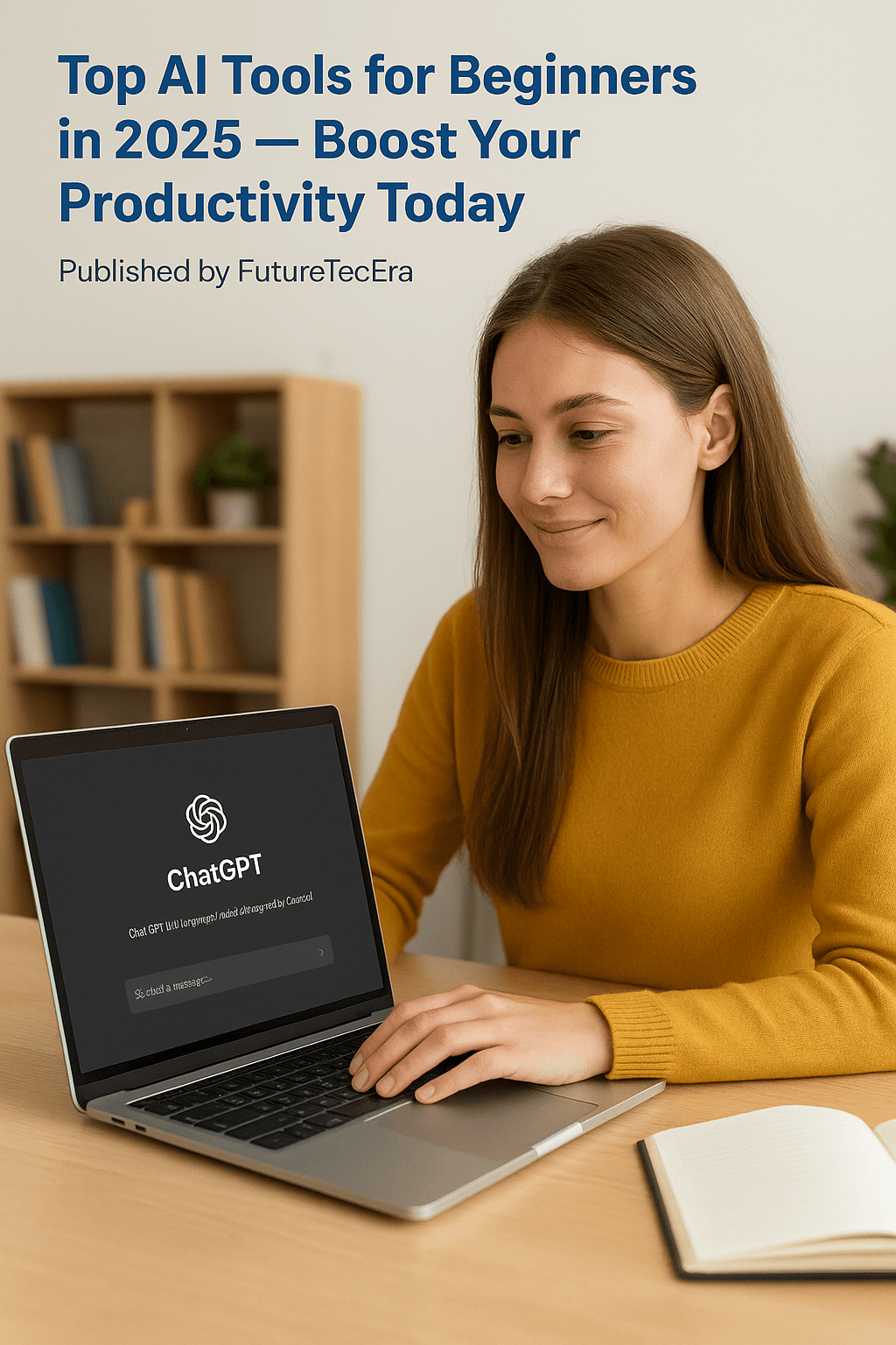 A young woman sitting at a wooden desk using ChatGPT on her laptop, smiling while working in a cozy room with bookshelves and plants in the background. A notebook lies open beside her, symbolizing productivity and learning with AI tools in 2025.
