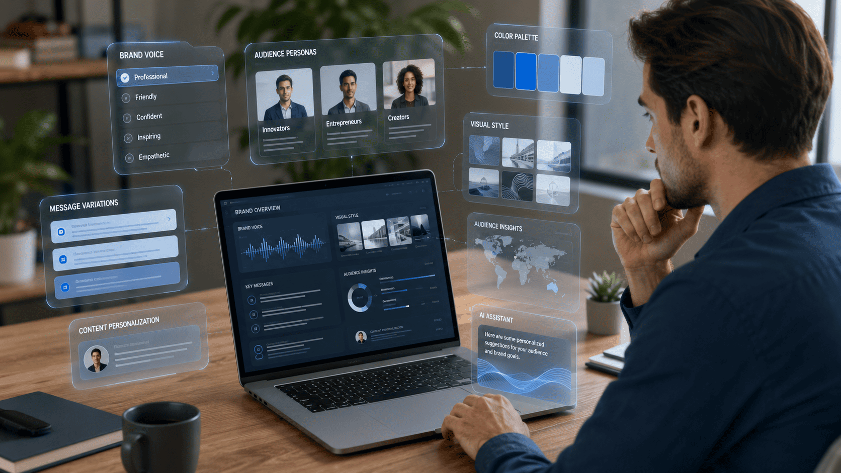 AI Brand Personalization concept showing a creator reviewing brand voice, audience personas, color palette, visual style, and message variations on a digital dashboard.
