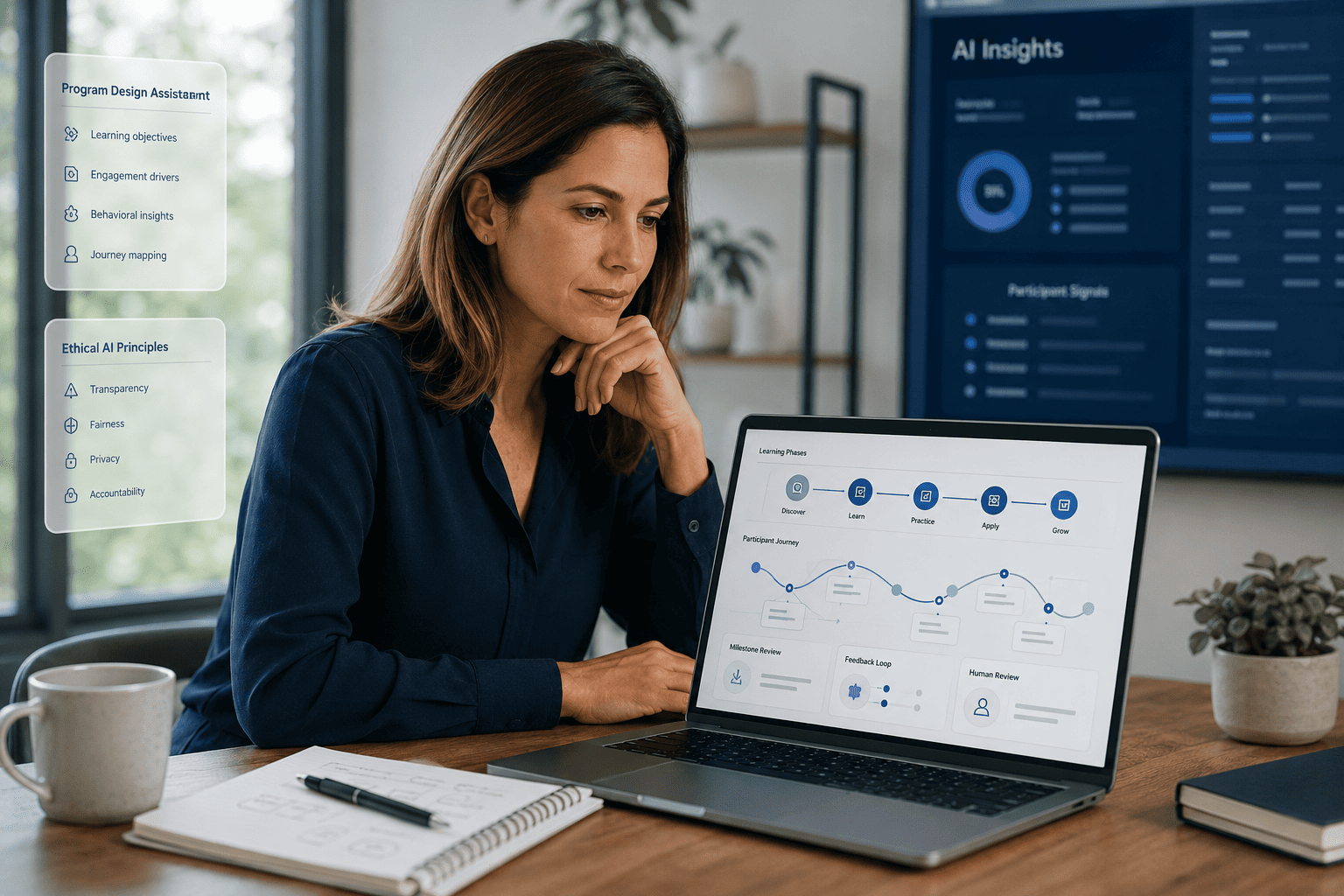 Professional coach designing an AI-supported coaching program with learning phases, participant journey planning, milestone review, and human-centered feedback.