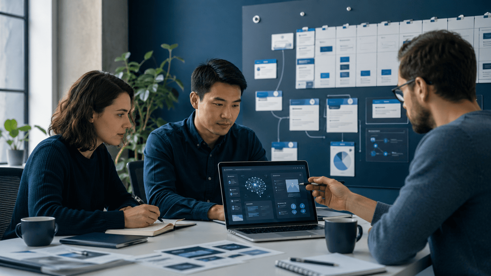 Small team building AI Content Systems in a modern workspace with content planning boards, AI tools, and digital workflow visuals.