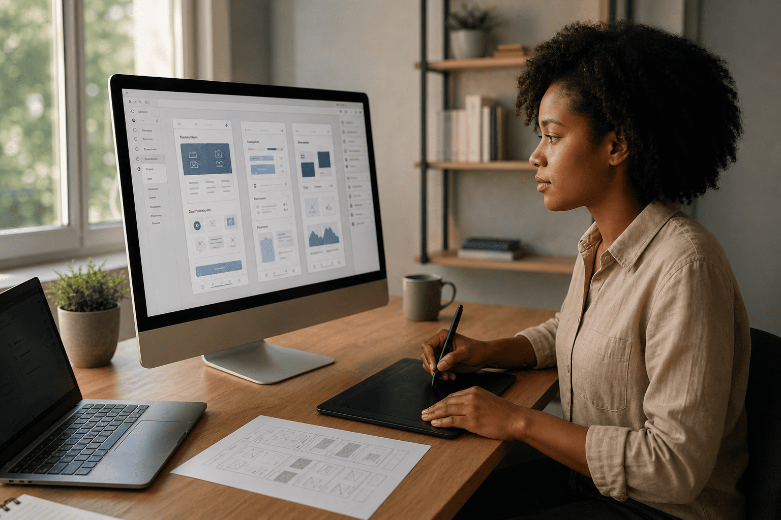 Creator designing AI Digital Product Systems in a modern workspace using a digital tablet, desktop screen, and product layout visuals.