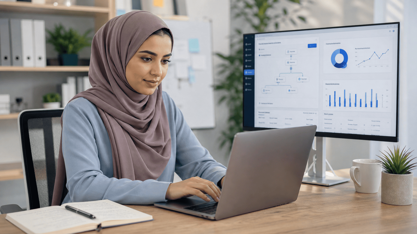 Arab woman working on an AI email automation strategy in a professional workspace with email analytics and campaign workflow dashboard