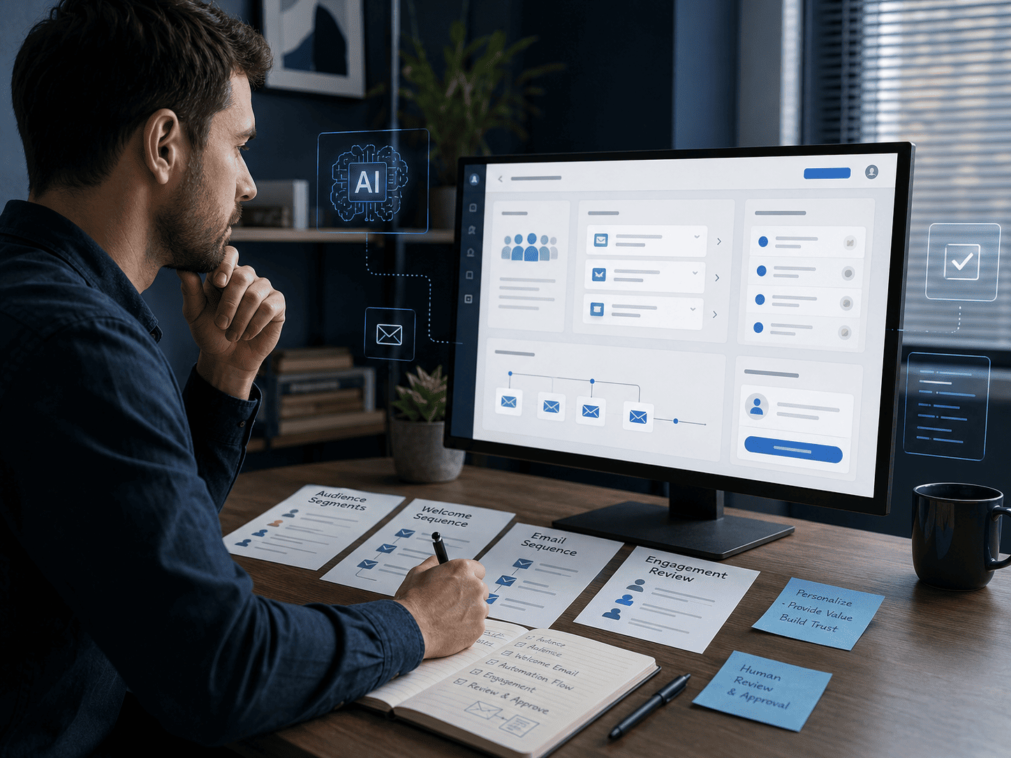 Side-view image showing AI Email Marketing with campaign planning, email automation, audience segmentation, and performance review in a modern workspace.