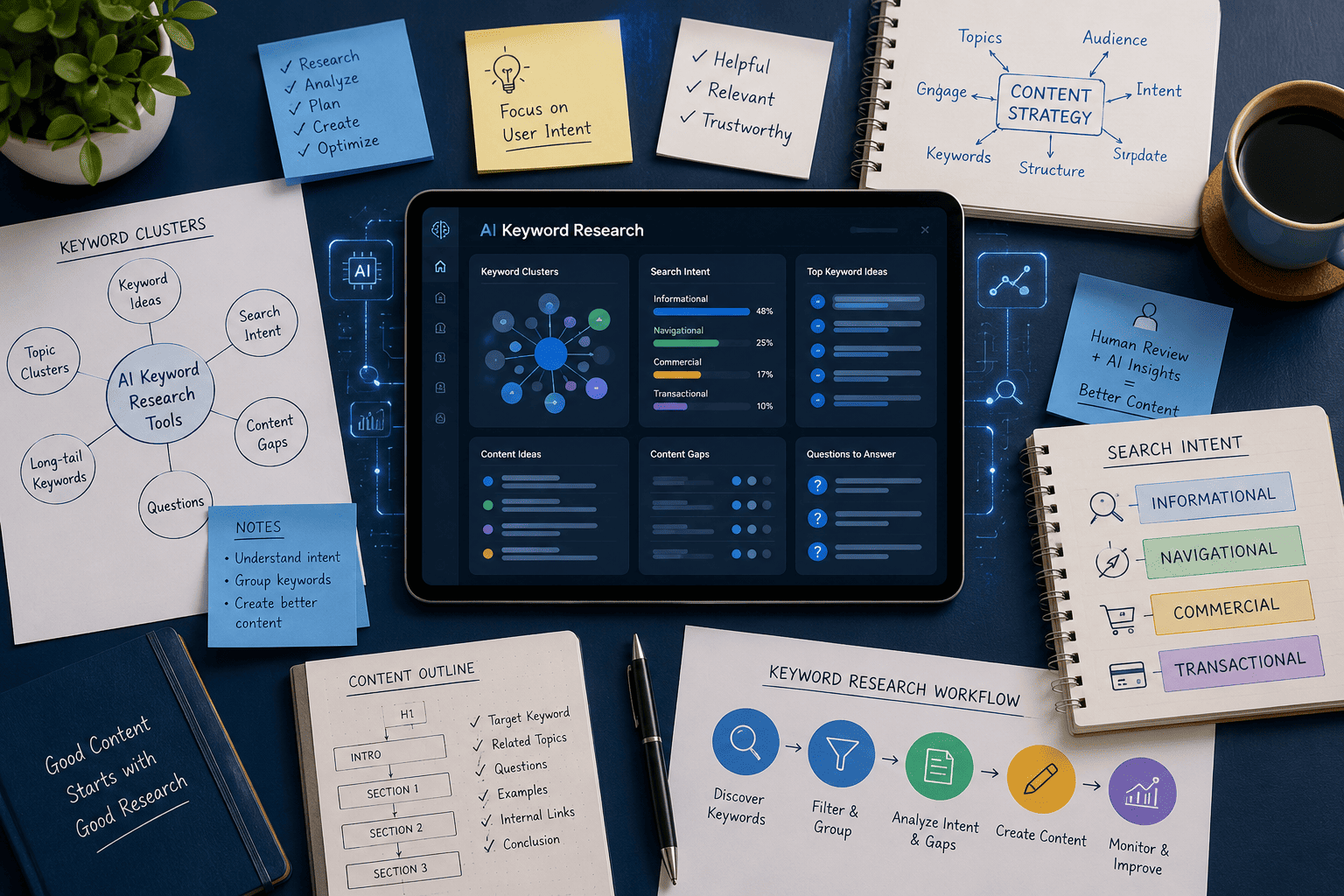 Top-view image showing AI Keyword Research Tools with keyword clusters, search intent planning, content gaps, SEO notes, and workflow review.