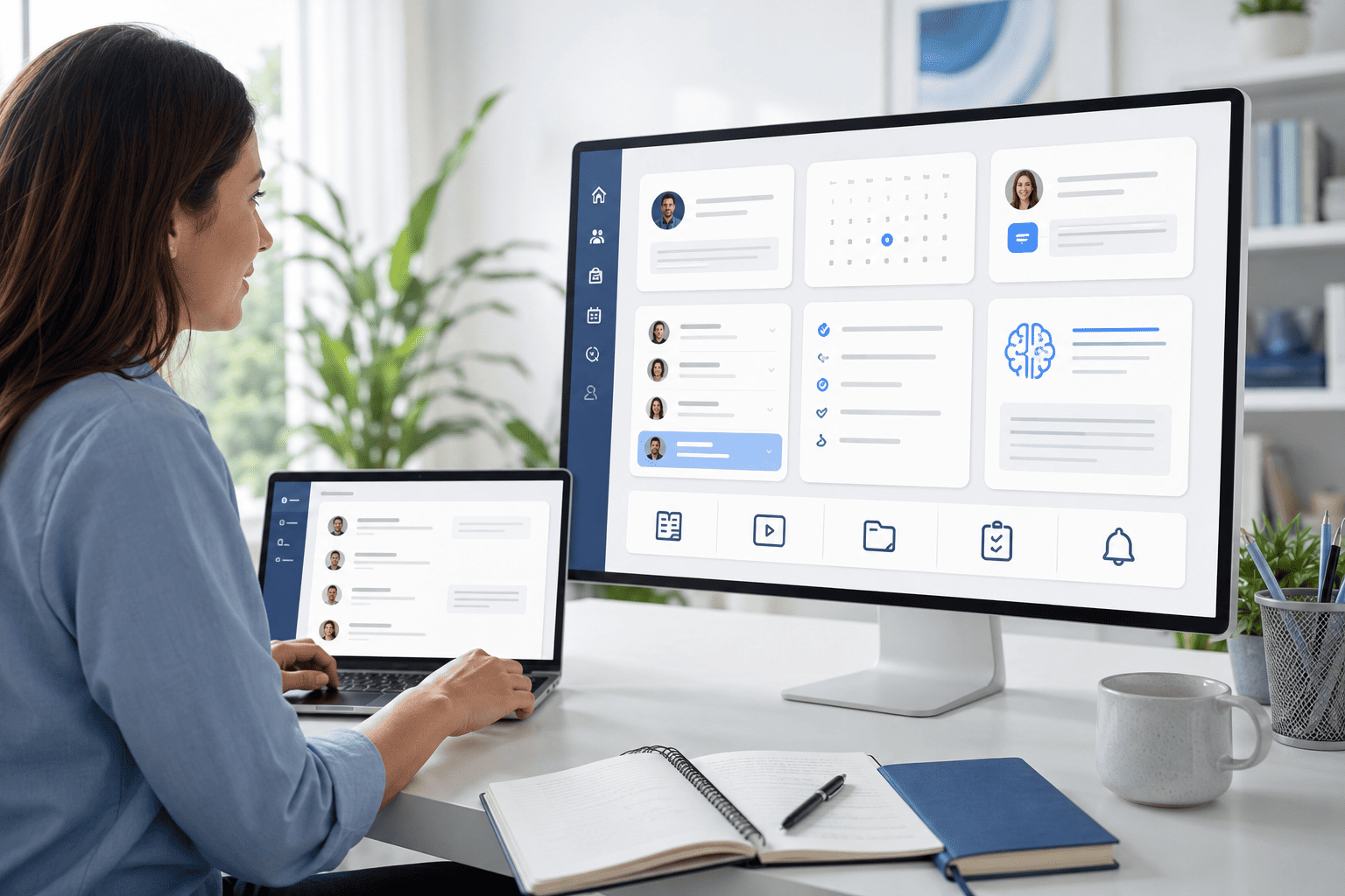 Coach organizing AI-Powered Coaching Systems with session notes, participant feedback, learning resources, follow-up reminders, and AI-assisted workflows.