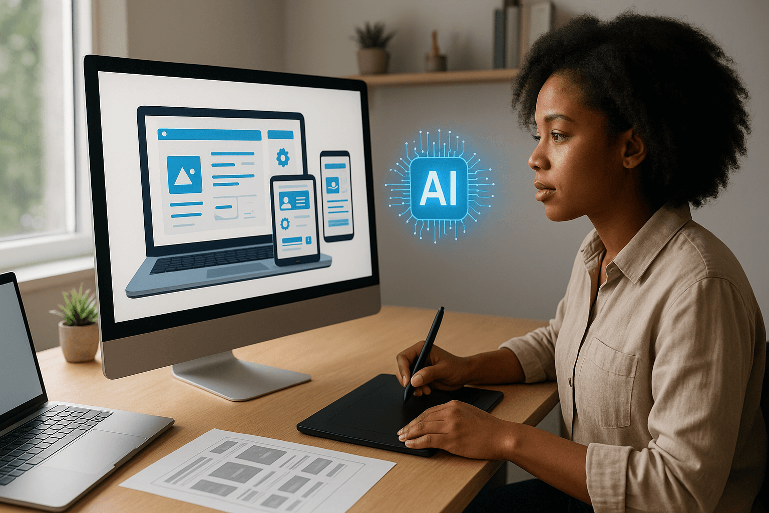 African-American woman using a digital drawing tablet to design AI-powered digital products on a desktop computer, with user interface layouts displayed on screen, in a bright modern workspace.