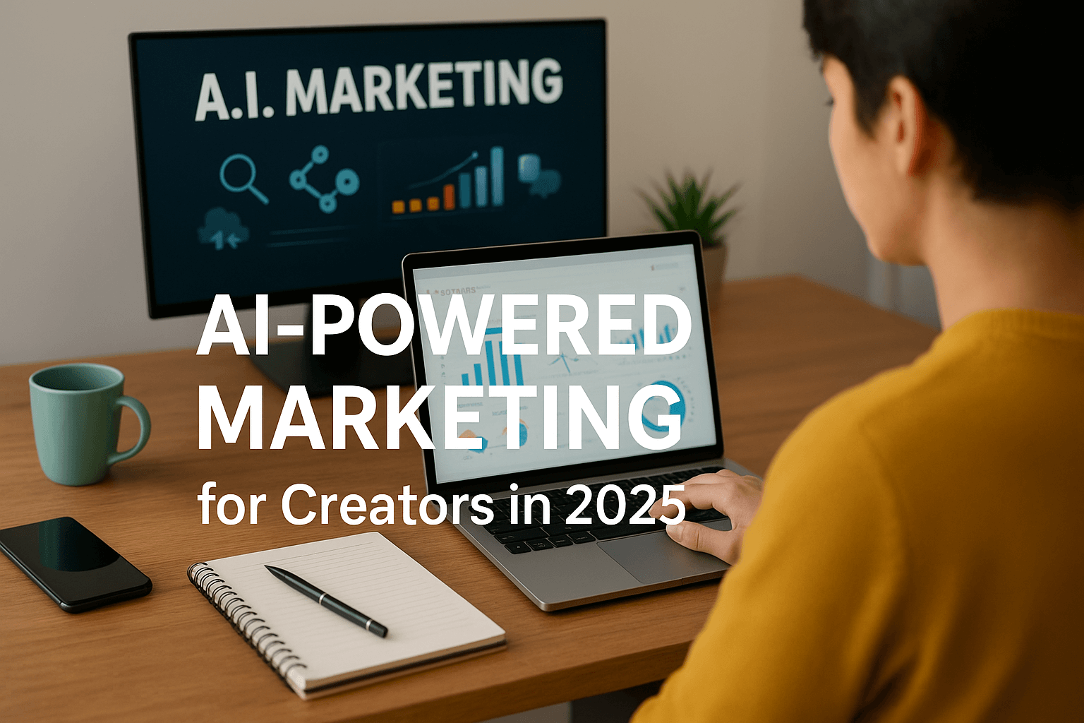 A digital content creator working on AI-powered marketing in a modern home office, with multiple screens displaying analytics and AI tools, symbolizing productivity and creativity in 2025.