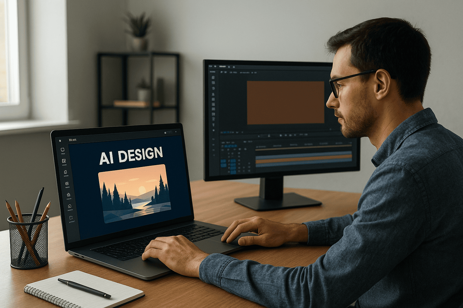 Content creator using AI Tools for Content Creators in 2025 on a laptop with a second monitor showing video editing and design software in a