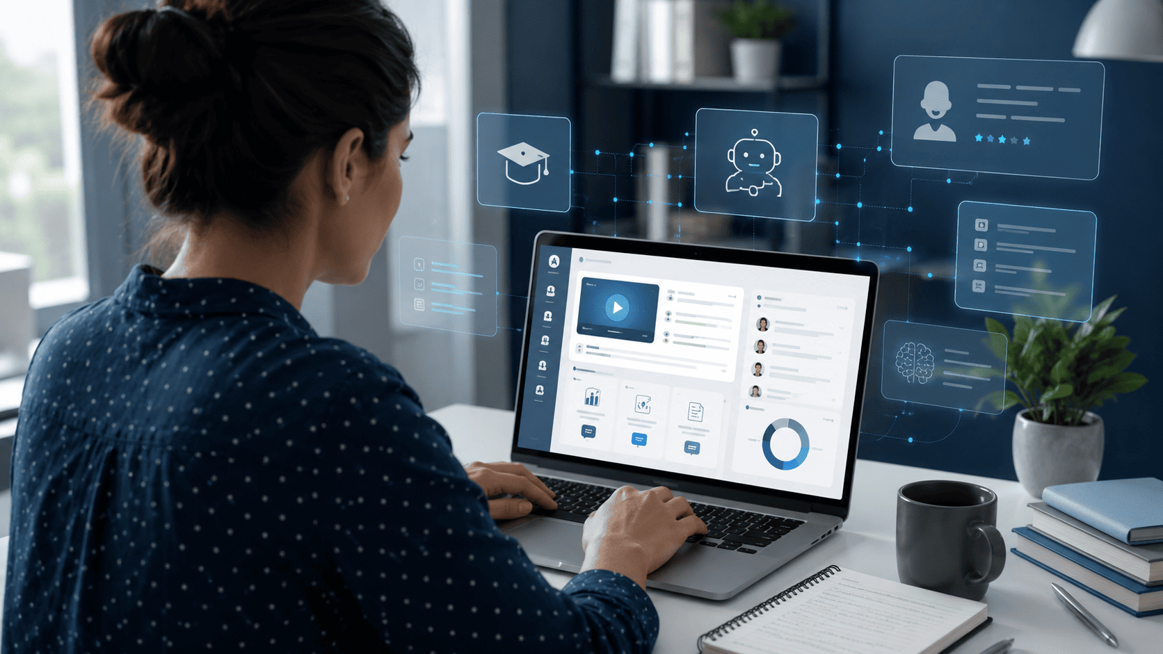 Realistic image of a digital educator creating AI-Powered Online Courses with course modules, learner progress, AI support, and feedback analysis.