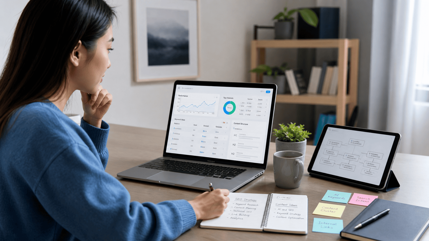 Asian woman working on an AI-powered SEO strategy at a modern desk with SEO analytics, content planning notes, and a digital workflow screen