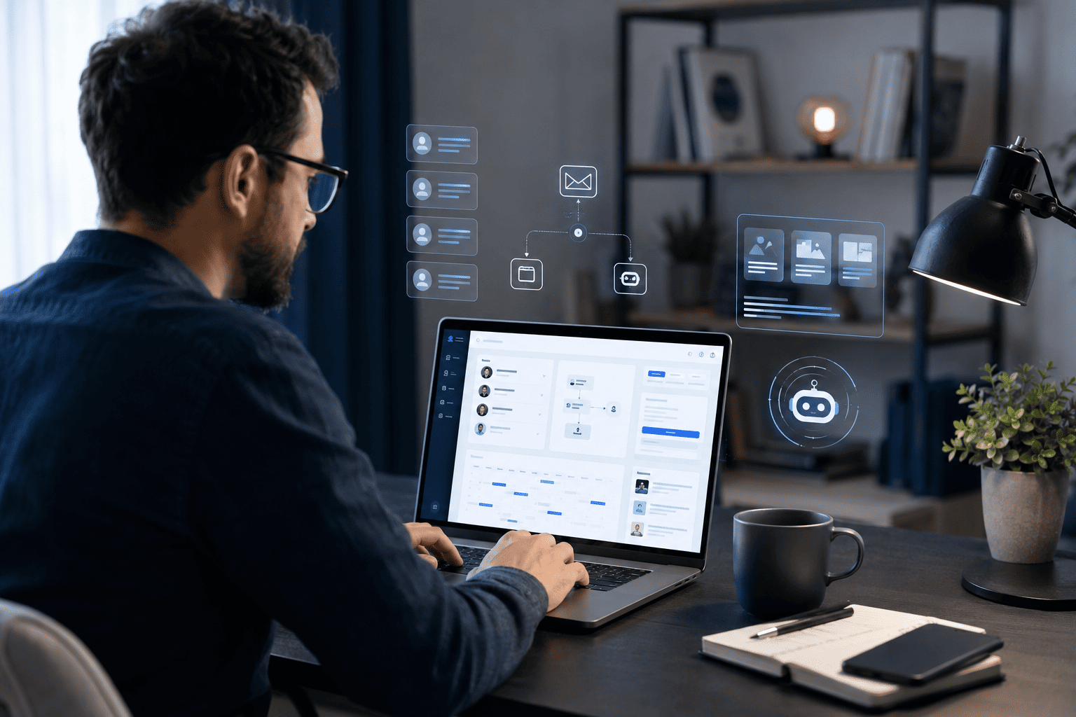 Realistic image of a digital creator managing an AI-Powered Subscription Business with subscriber dashboards, automation workflows, and content planning tools.