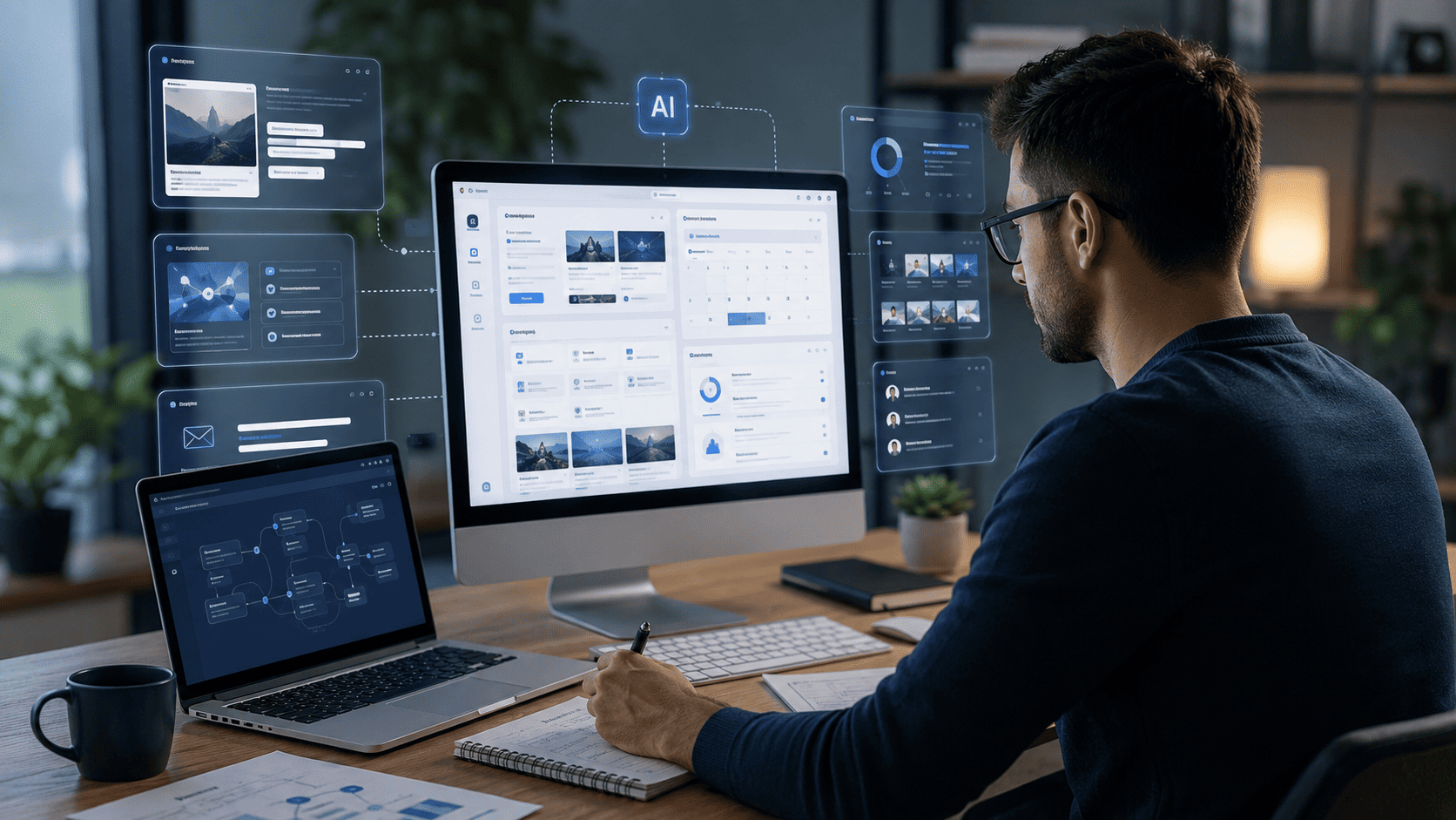 Realistic image of a digital marketer using AI Tools for Marketers and Creators to plan content, SEO, social media, and analytics workflows.