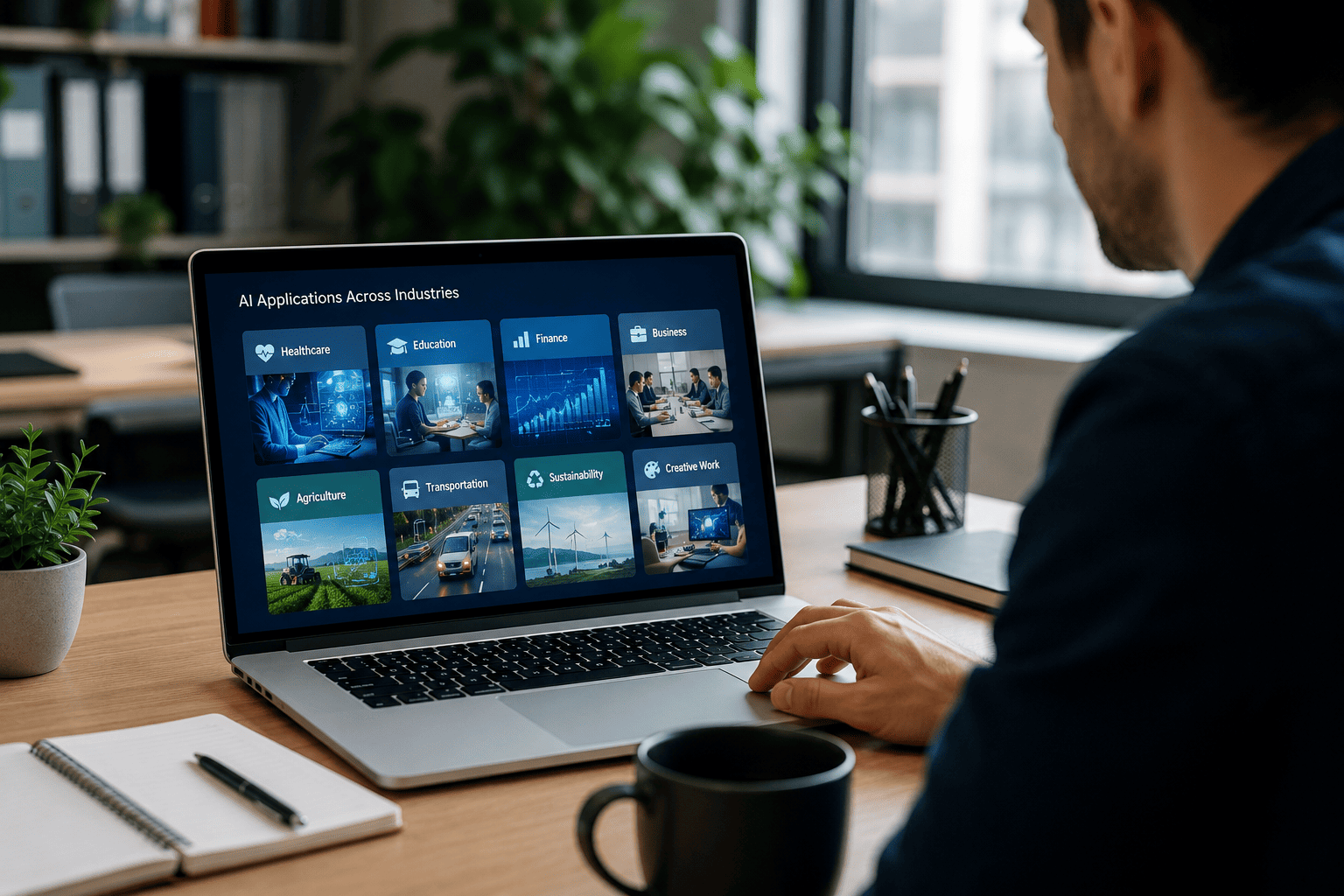 Professional workspace showing Real-World AI Use Cases across healthcare, education, finance, business, agriculture, transportation, sustainability, and creative work