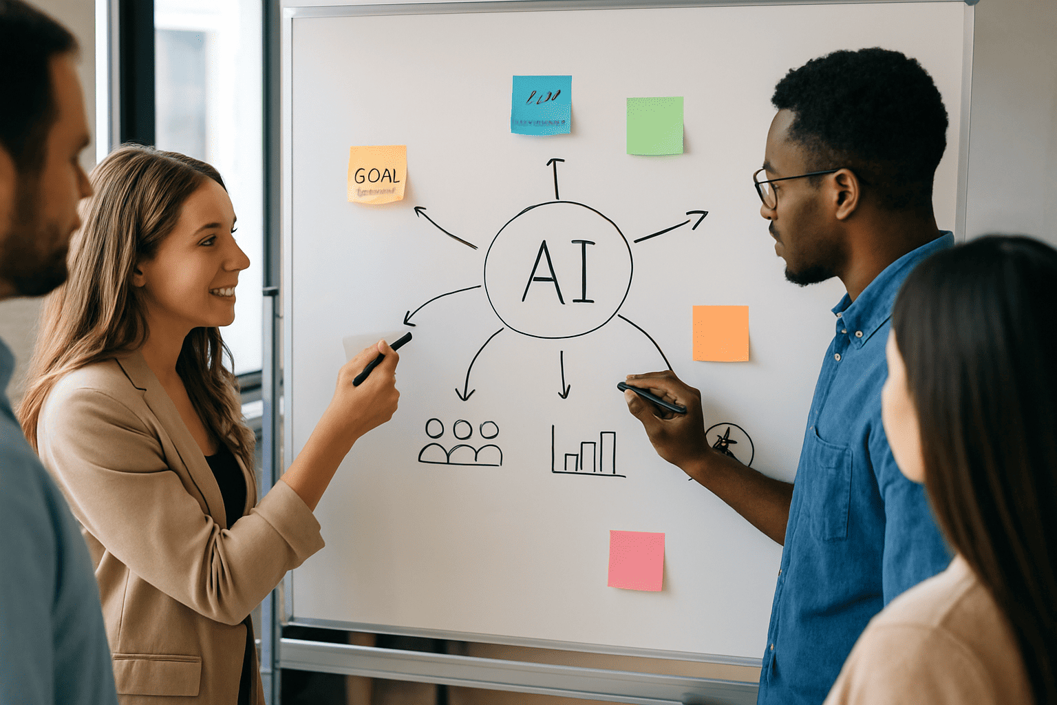 Planning strategy for AI-Powered Membership Sites in 2025 on a whiteboard, focusing on automation, content creation, and growth optimization.