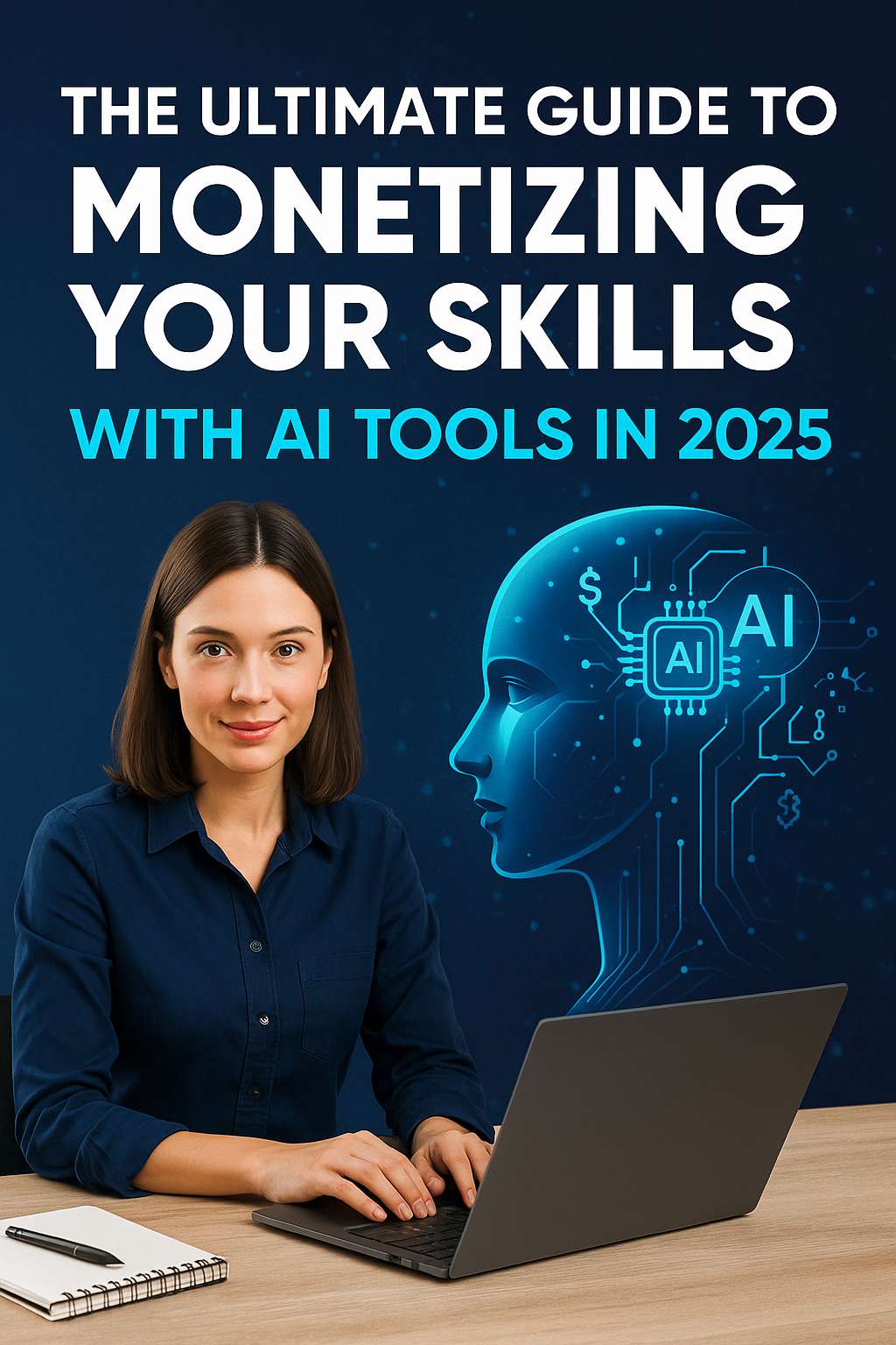 Digital creator working on a laptop with futuristic AI graphics, illustrating the ultimate guide to monetizing skills with AI tools in 2025.