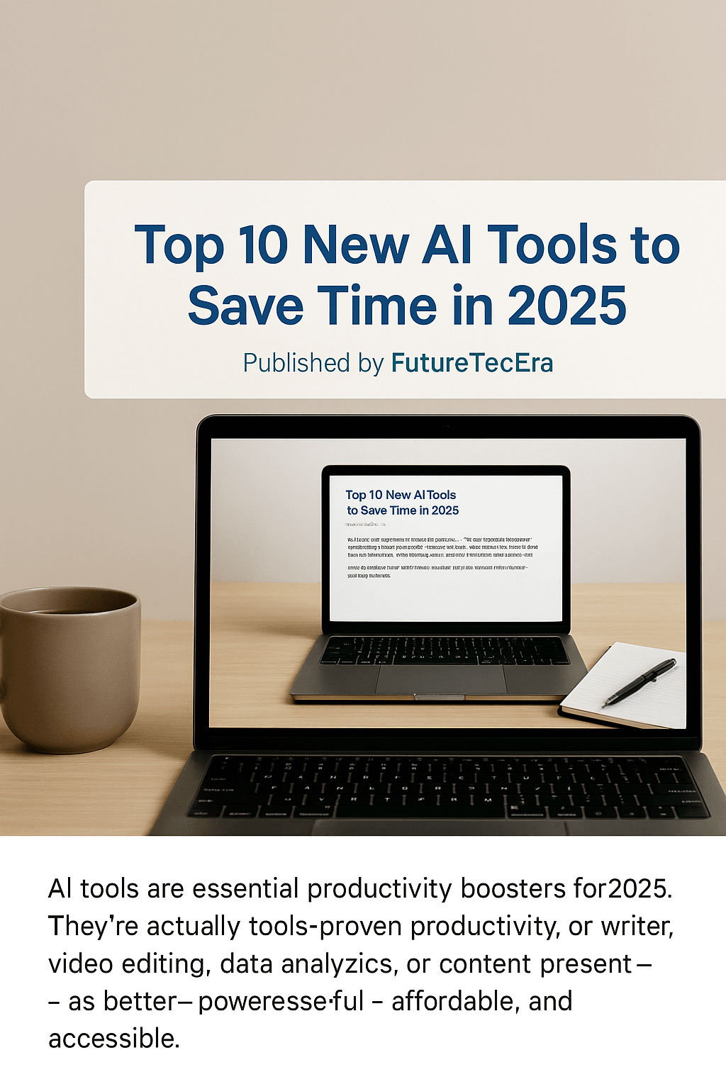 Promotional image showing a laptop on a desk with a cup and notebook, displaying the title 'Top 10 New AI Tools to Save Time in 2025' published by FutureTecEra.