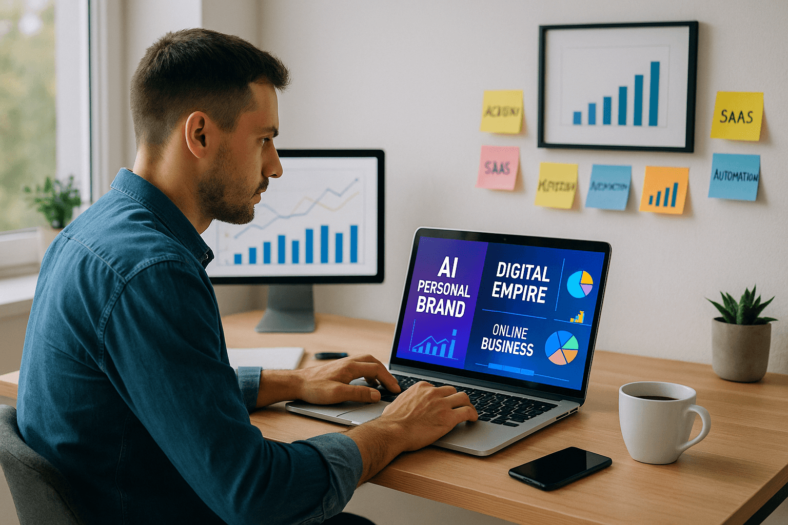 Young entrepreneur using AI tools to scale his personal brand into a digital business empire from a modern workspace in 2025
