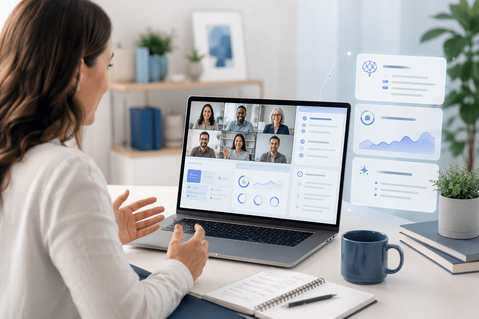 Coach facilitating AI-Powered Group Coaching with participant tiles, discussion notes, feedback signals, resources, and AI-assisted summaries.