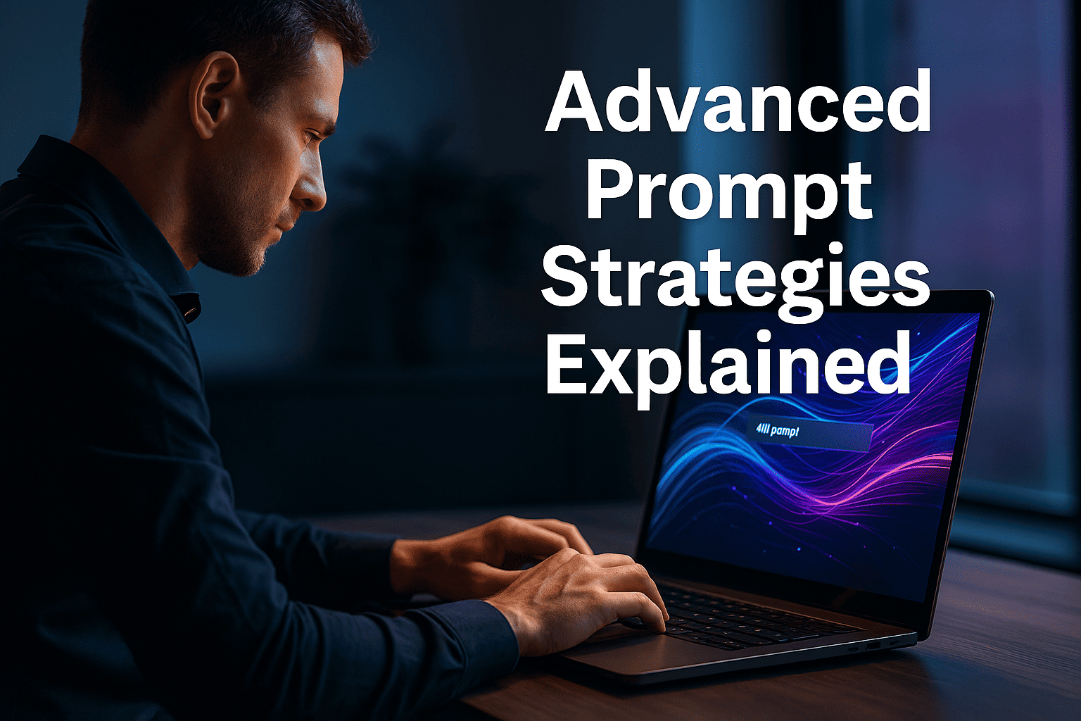 Realistic high-quality photo of an AI power user working on a laptop with an illuminated AI interface, symbolizing Advanced Prompt Strategies in Prompt Engineering.