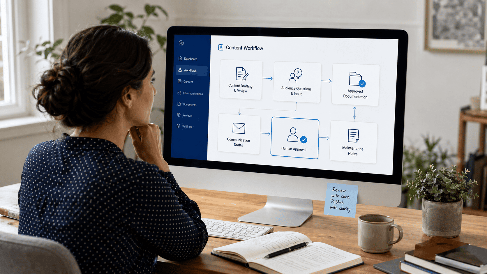 Woman digital creator reviewing AI-Powered Online Business Systems workflows for content, documentation, communication, human approval, and maintenance