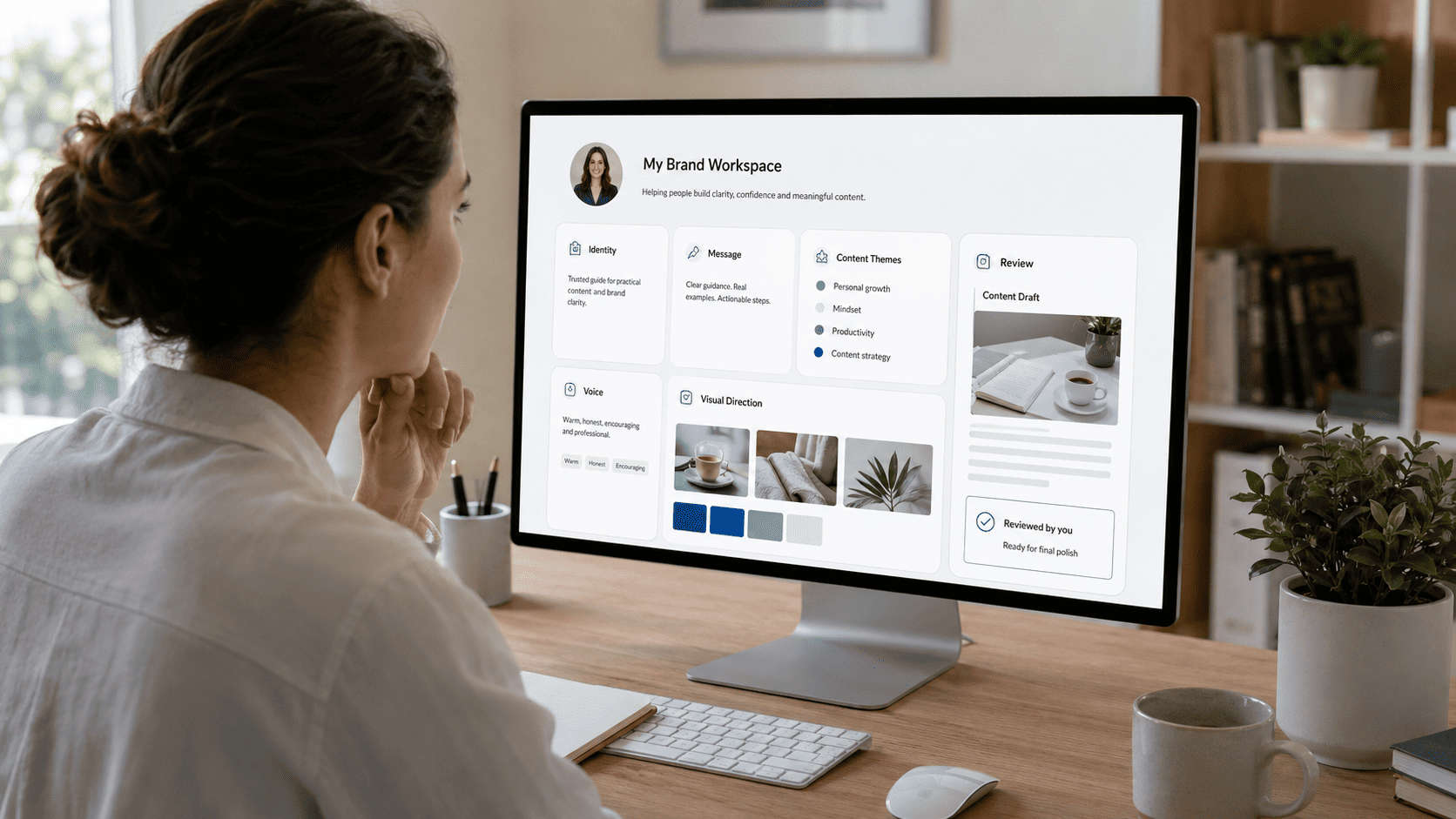 Woman reviewing an AI-Powered Personal Brand workspace with identity, message, content themes, voice, visual direction, and human review sections