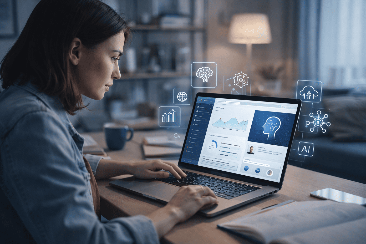 AI-powered student retention system showing learner progress and engagement analytics on a laptop