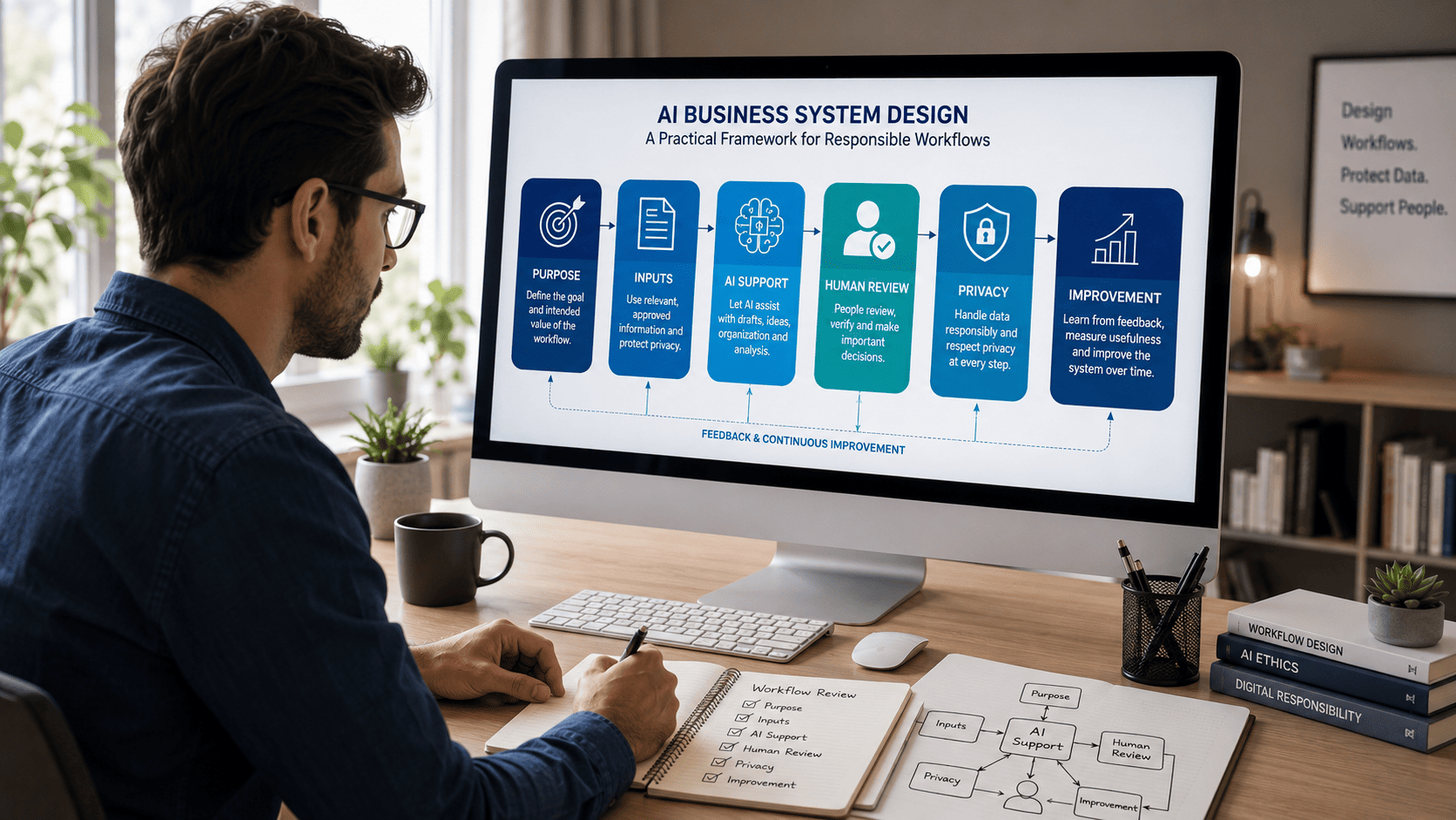 Professional reviewing an AI Business System Design workflow with purpose, inputs, human review, privacy, and improvement stages
