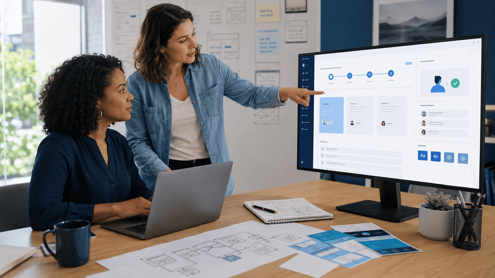 Two professionals reviewing an AI Education Platform Strategy dashboard with learning pathways, accessibility tools, and human oversight.