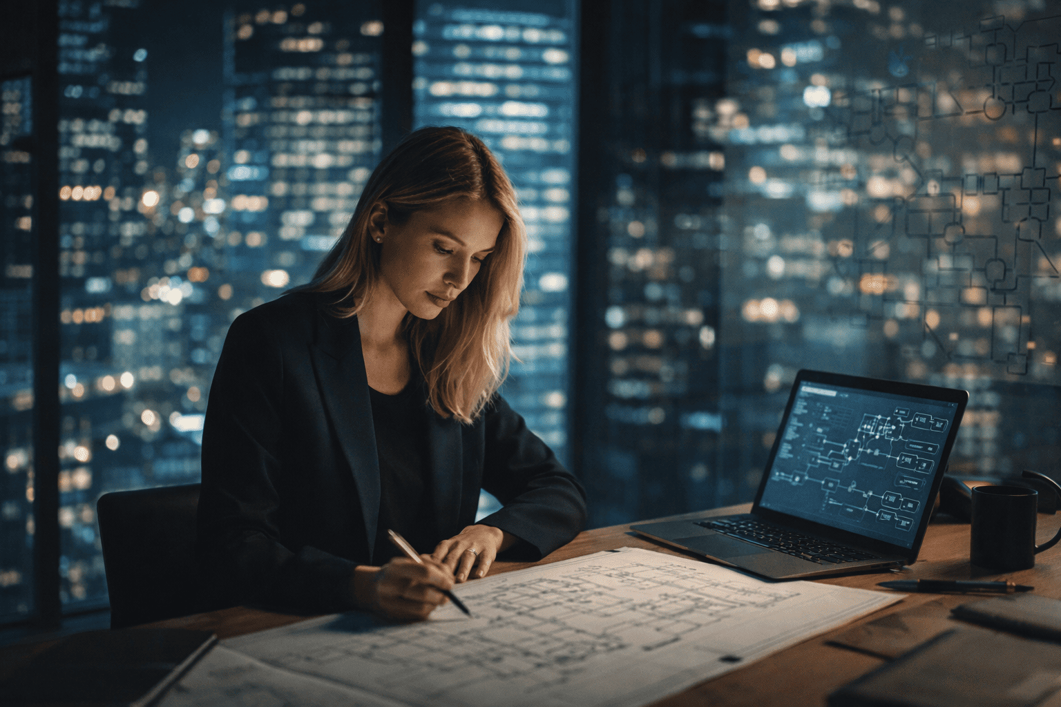 Professional architect designing AI Business System Design frameworks for scalable online businesses