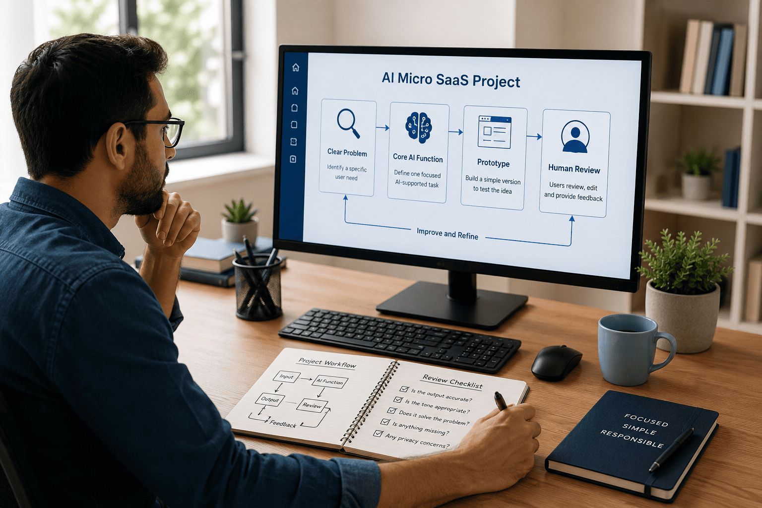 Independent builder designing an AI Micro SaaS project with a clear problem, core AI function, prototype, and human review workflow