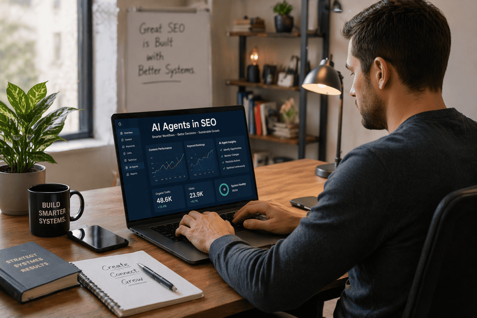 AI Agents in SEO workspace with a professional using a laptop in a natural office setting