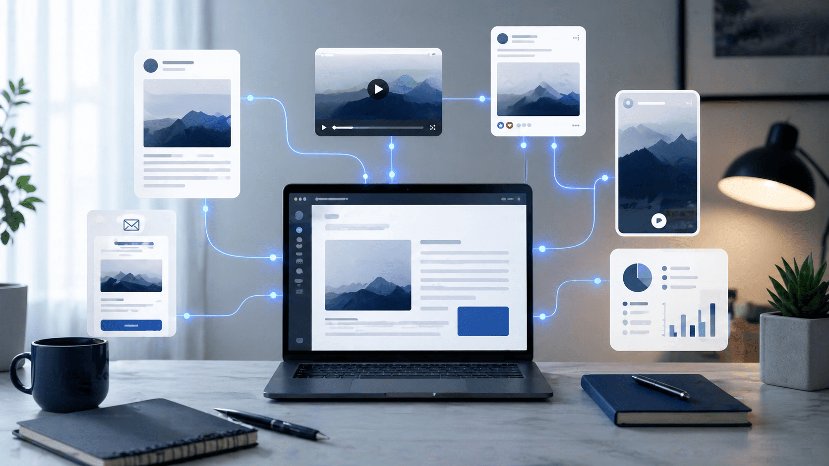 Professional workspace illustrating an AI content repurposing workflow, where one blog article is transformed into multiple content assets such as video, email, social media, and infographic formats.