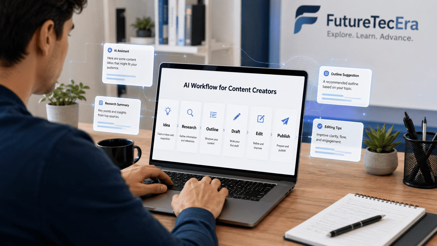 Content creator organizing an AI workflow from idea planning to article publishing on a laptop.
